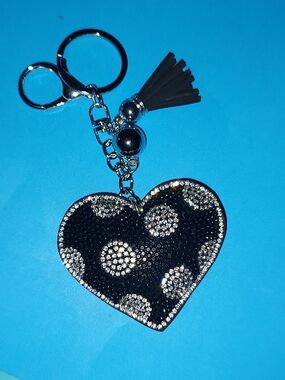 New! Rhinestone Black Heart Keychain Bag Charm with Tassel